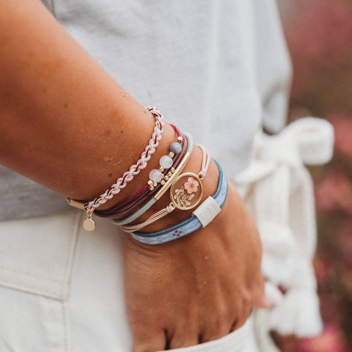 "Bloom" Maroon and Pink with Pressed Flowers Hair Tie Bracelets
