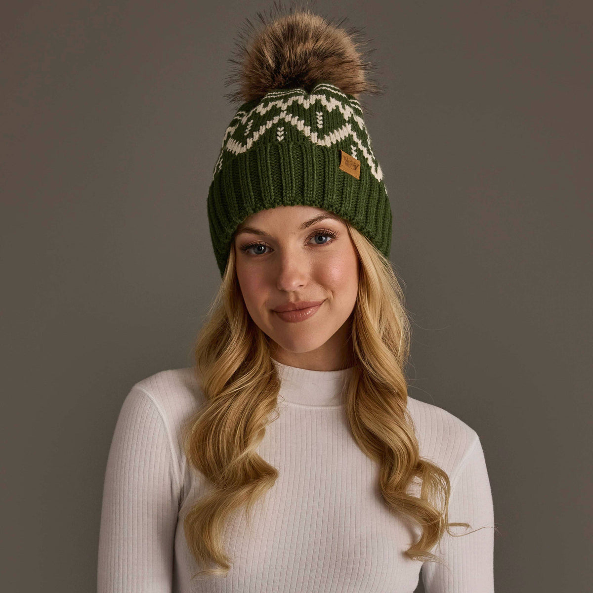 Olive & Beige Patterned Pom Hat