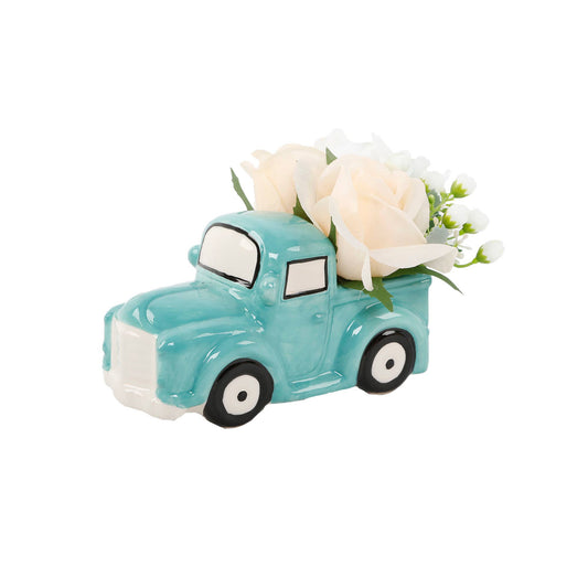 Faux Floral in Blue Ceramic Truck Planter