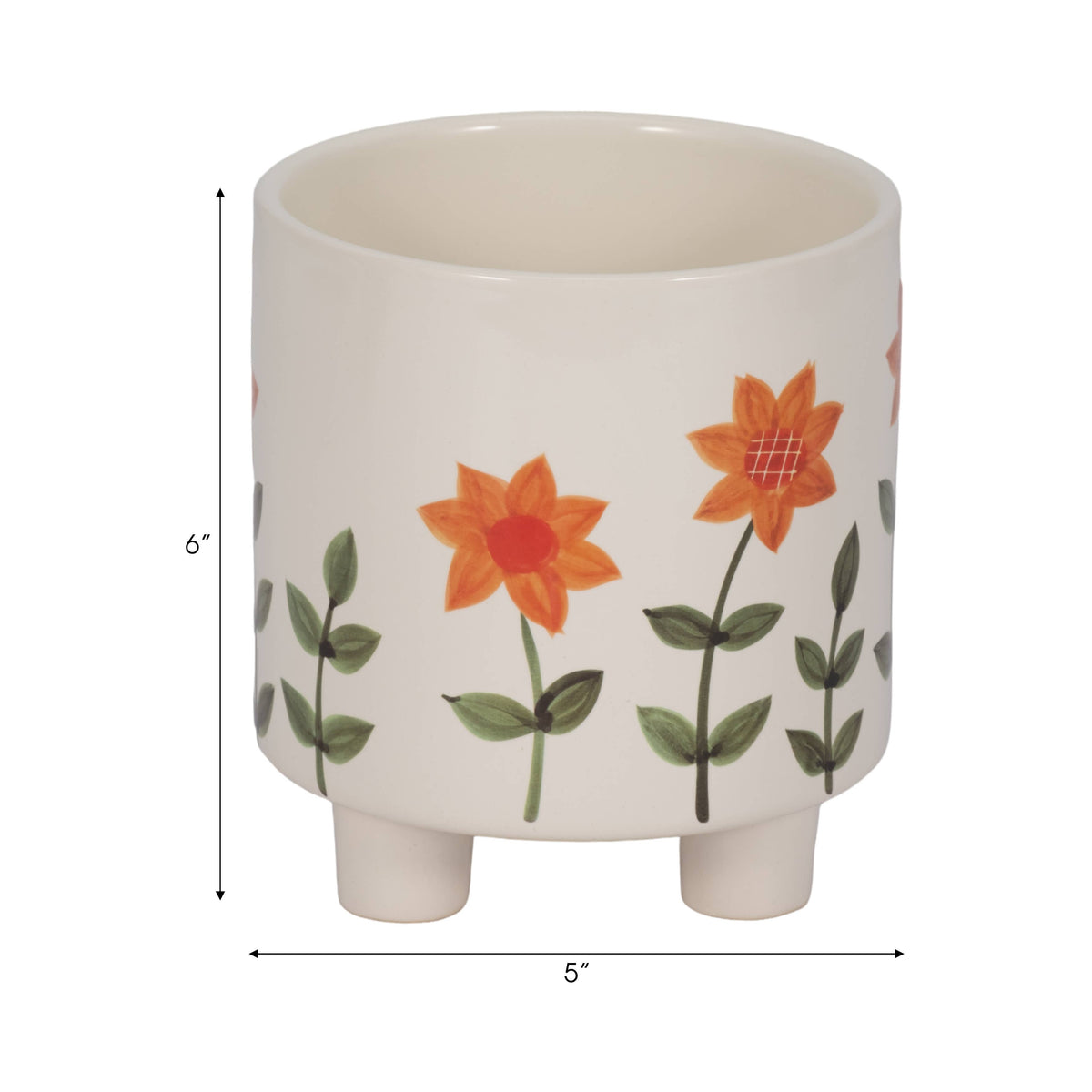 Plant Pot - White Ceramic Resin Footed Hand Painted, 6 in.