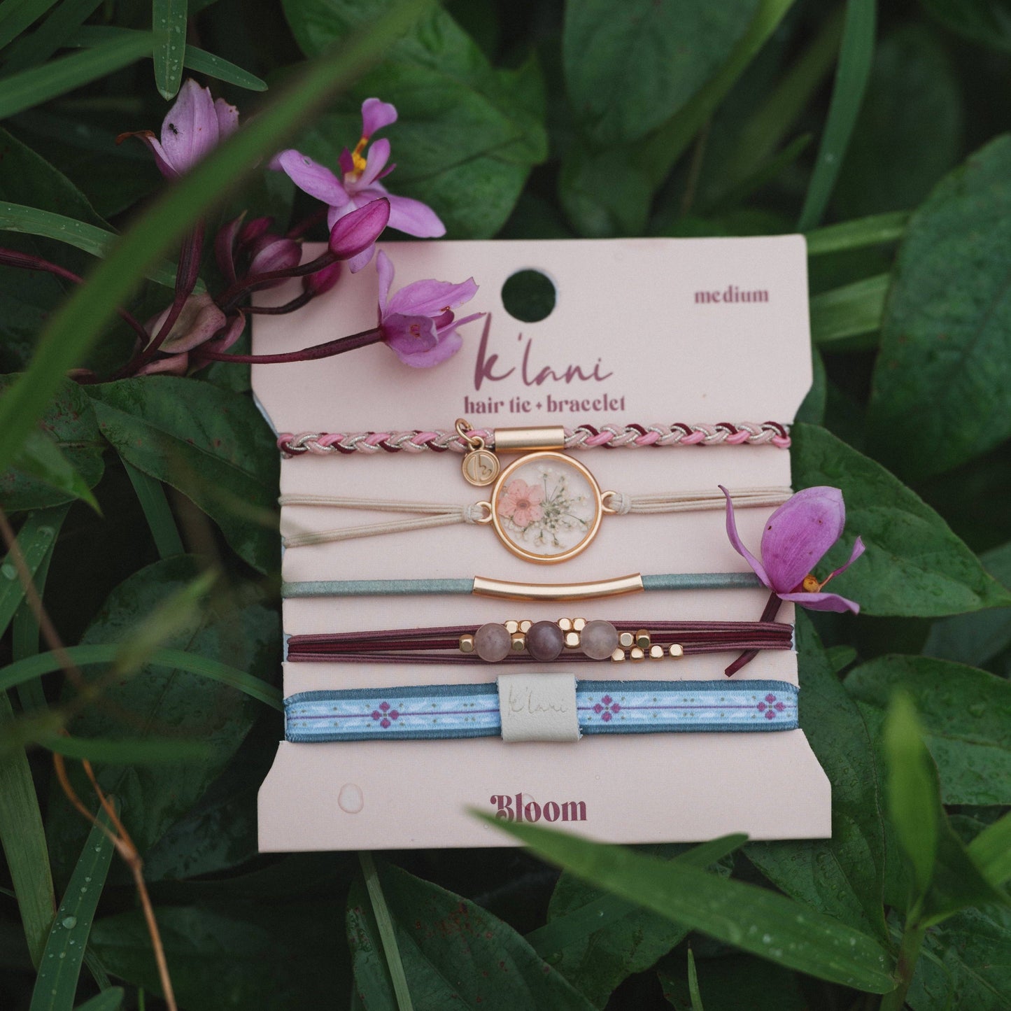 "Bloom" Maroon and Pink with Pressed Flowers Hair Tie Bracelets