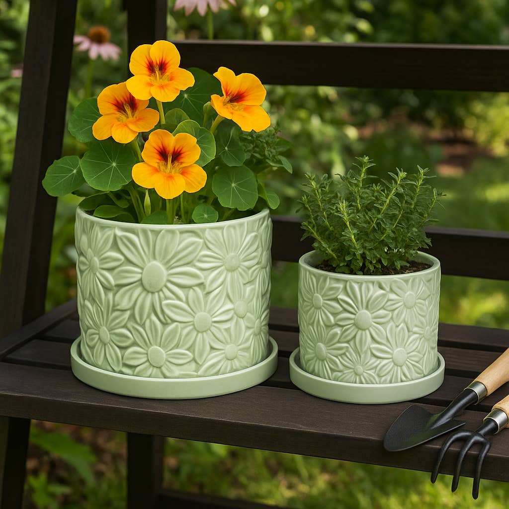 Green 6/8 in. Ceramic Daisy Flower Planter (Set of 2)