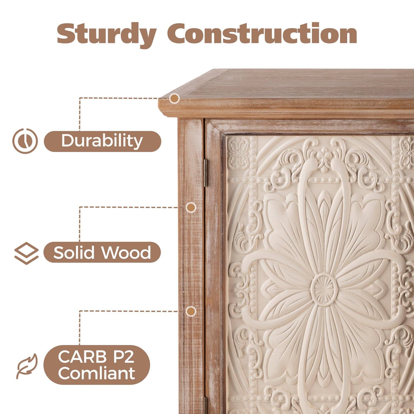 Sideboard Buffet Cabinet with 3 Carved Doors and Shelves