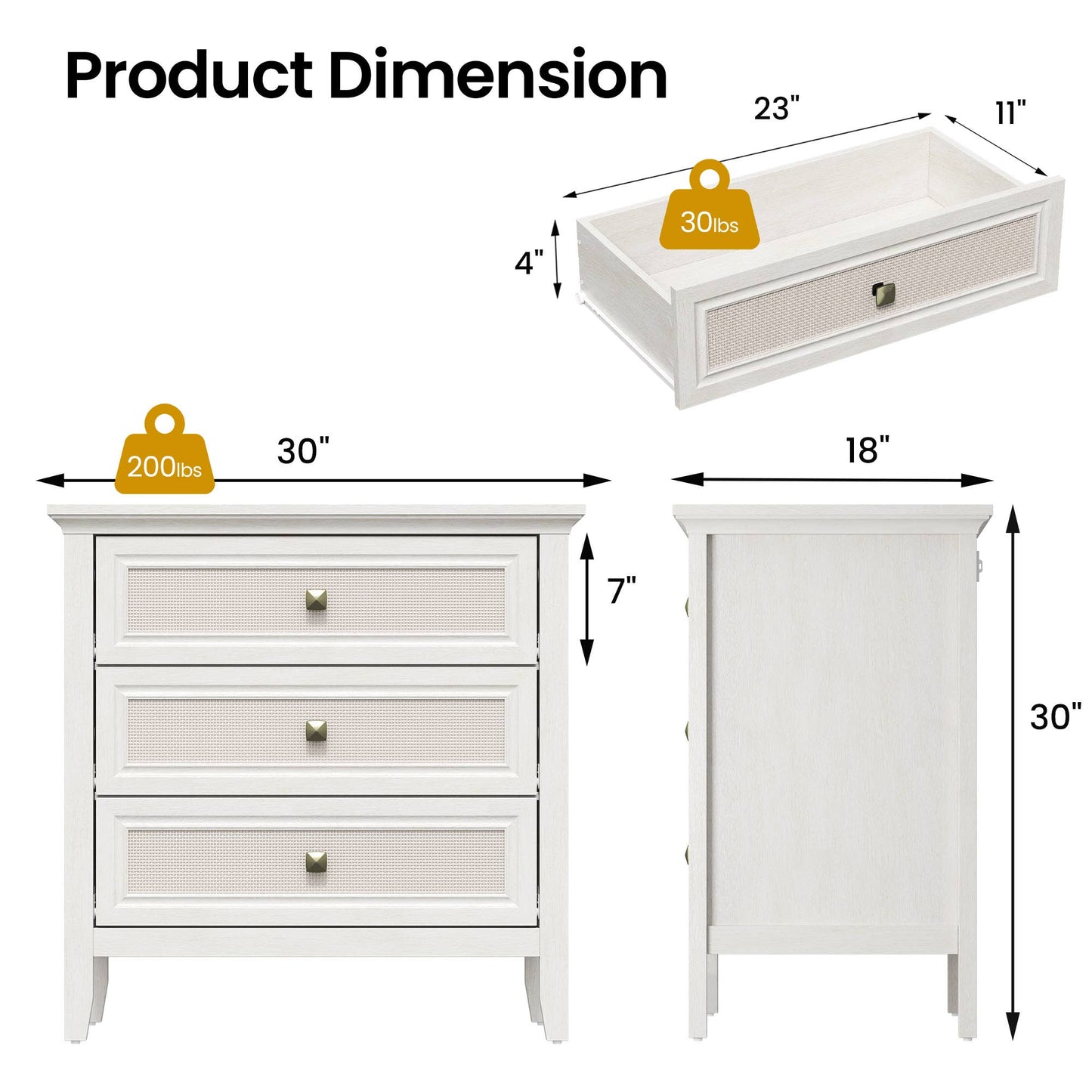 3 Drawer Dresser, Cane Nightstand with Rattan Drawers