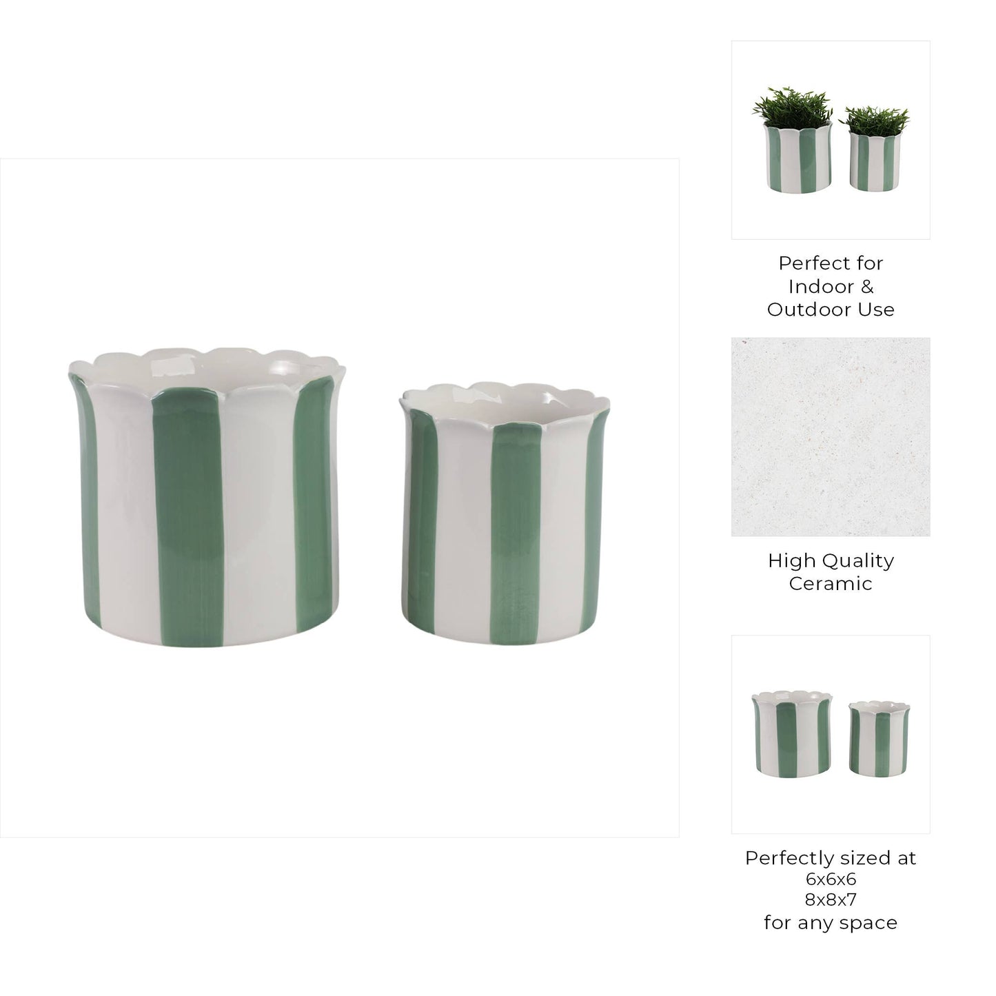 Planters Set of 2 - Green/White Ceramic Striped, 6/8 in.