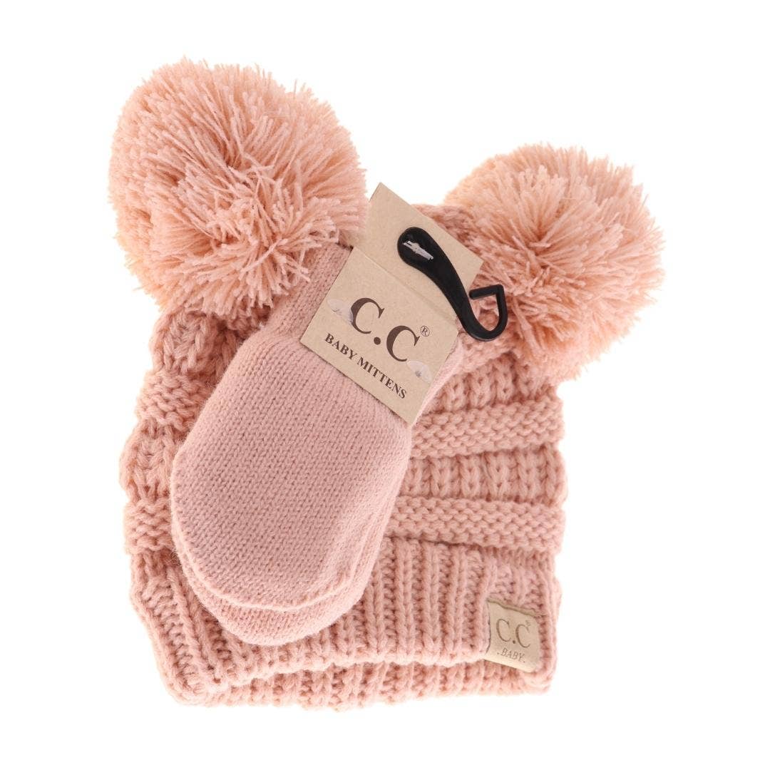 BABY Solid Knit Double Pom C.C Beanie with Mitten SET BABYSE