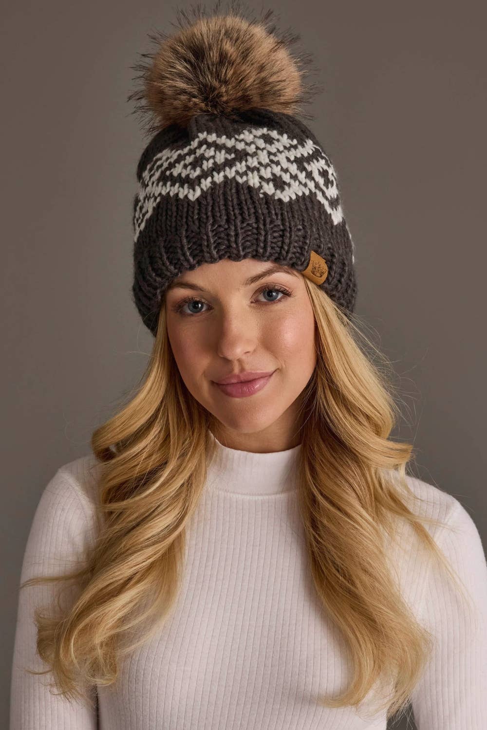 Dk. Gray & White Patterned Pom Hat