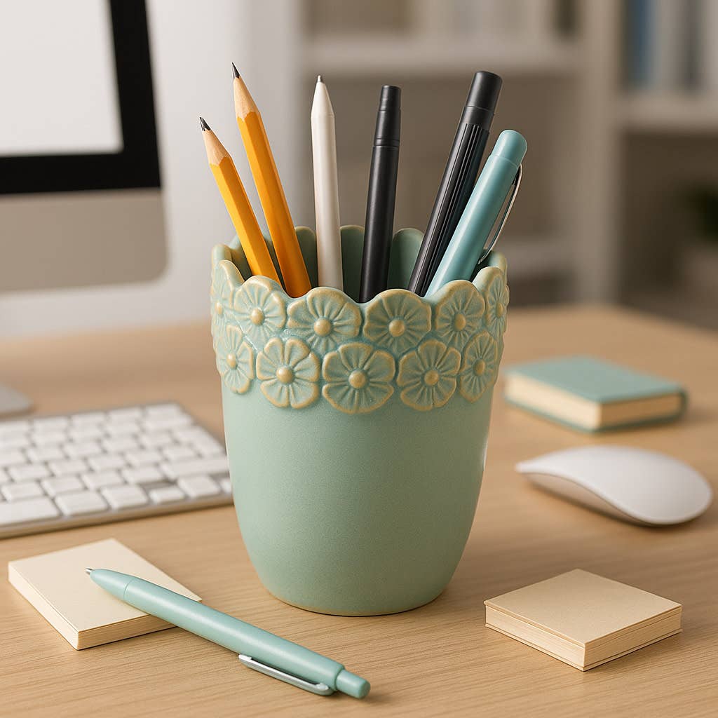 Pencil Cup - Green Ceramic Scalloped Flower Border, 4 in.