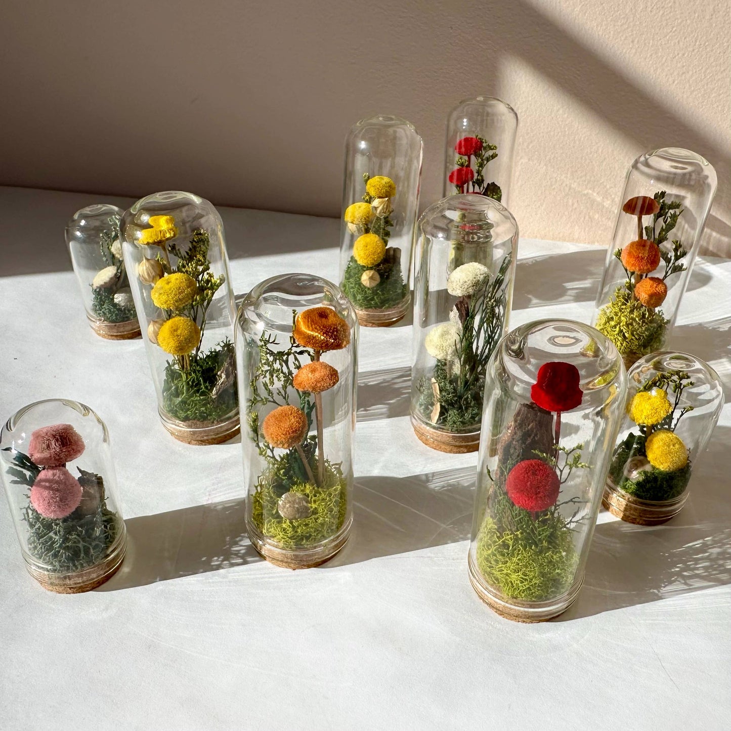 Mushroom Mix Terrarium Glass Cloche Cork Jar & Florals