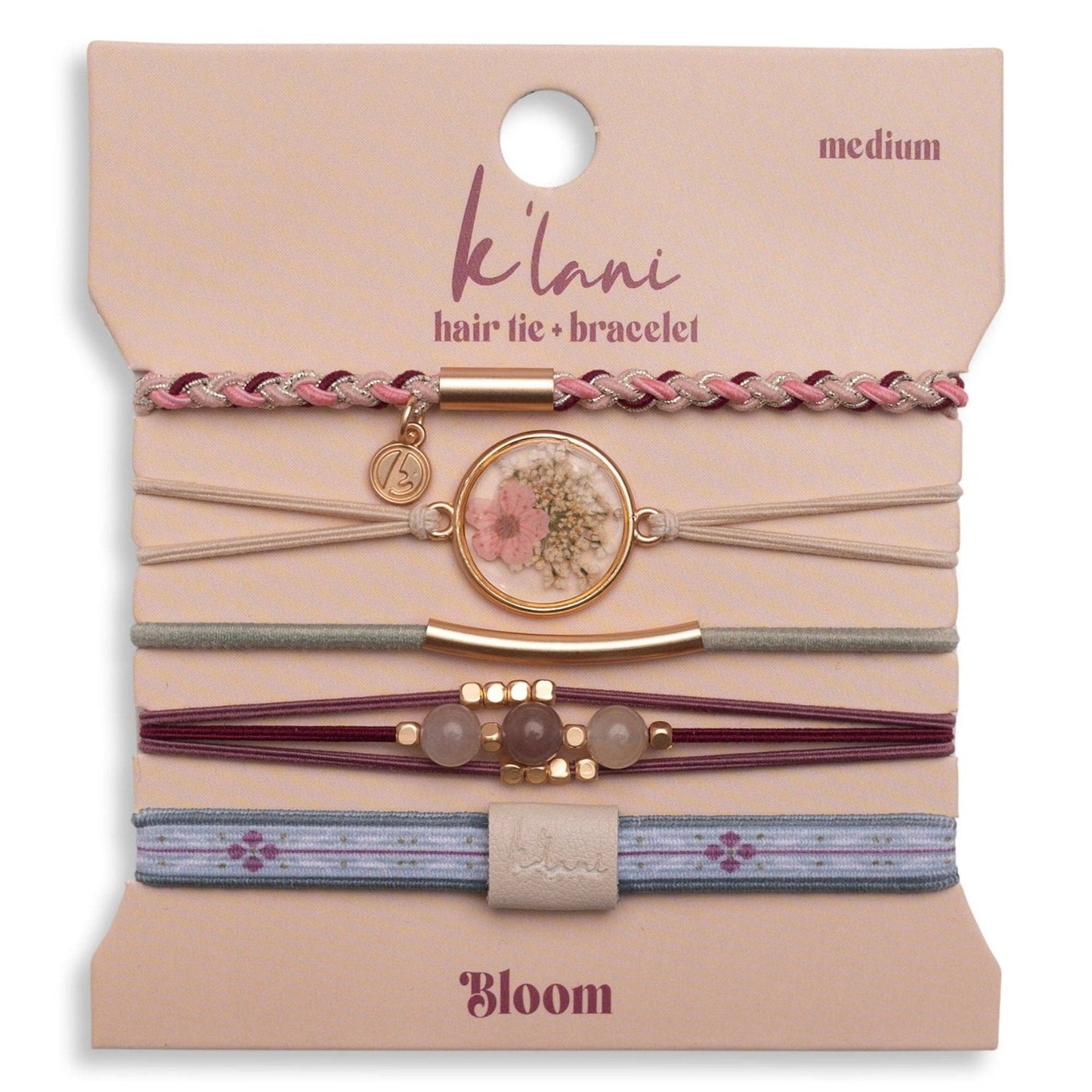 "Bloom" Maroon and Pink with Pressed Flowers Hair Tie Bracelets