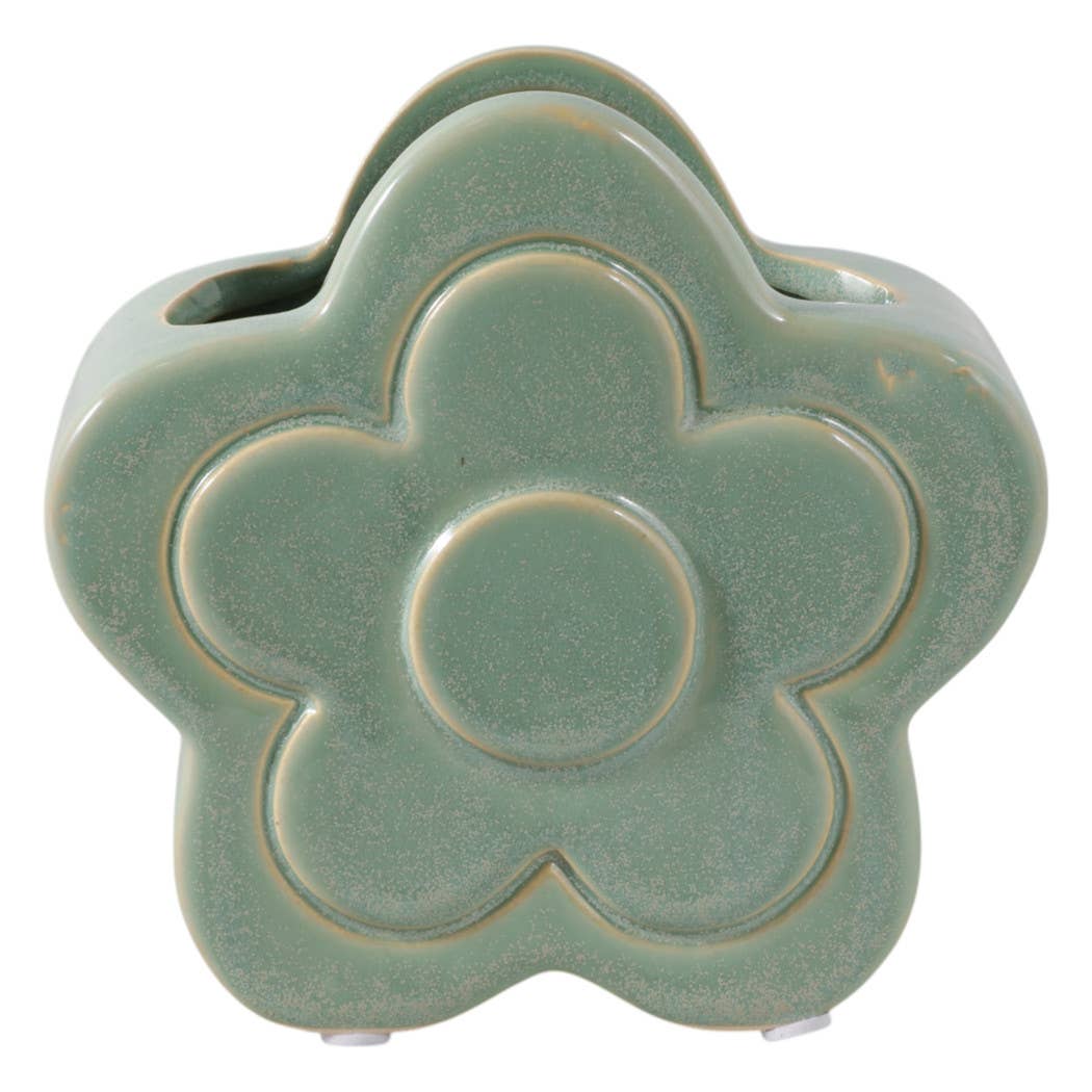 Pencil Cup - Green Ceramic Sculpted Flower Power, 6 in.