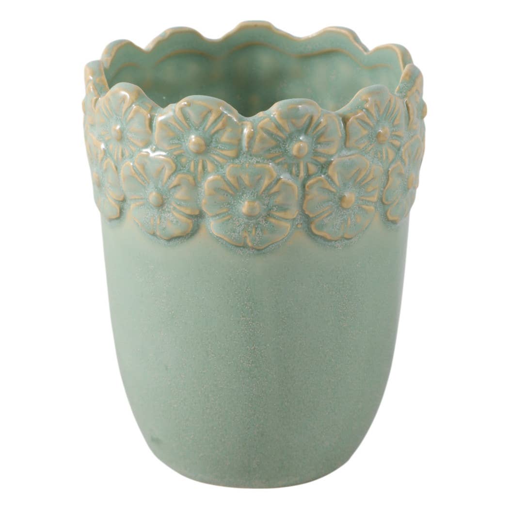 Pencil Cup - Green Ceramic Scalloped Flower Border, 4 in.