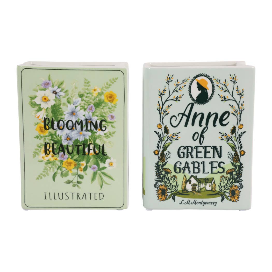 Decorative Vase Set of 2 - Green Ceramic Floral Book, 8 in.