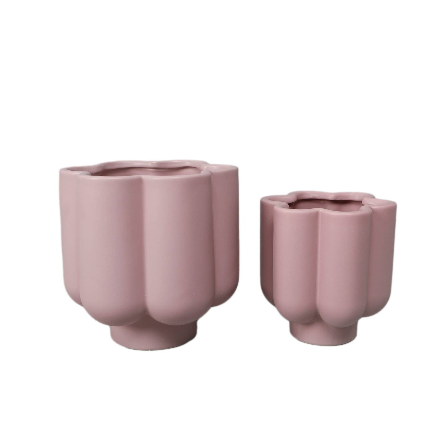Set of 2 – Pink Scallop Ceramic Planters on Footed Base