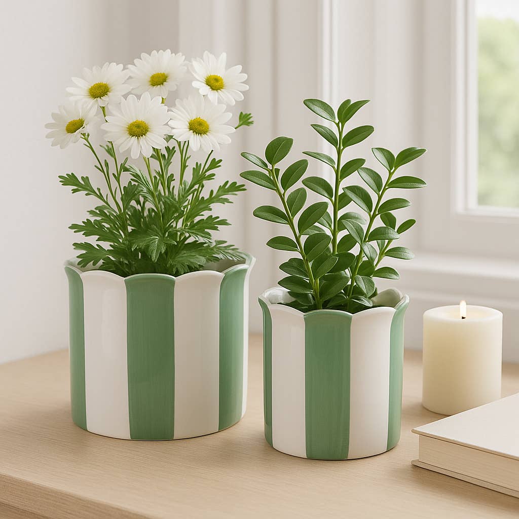 Planters Set of 2 - Green/White Ceramic Striped, 6/8 in.