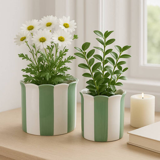 Planters Set of 2 - Green/White Ceramic Striped, 6/8 in.