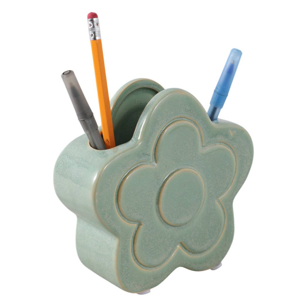 Pencil Cup - Green Ceramic Sculpted Flower Power, 6 in.