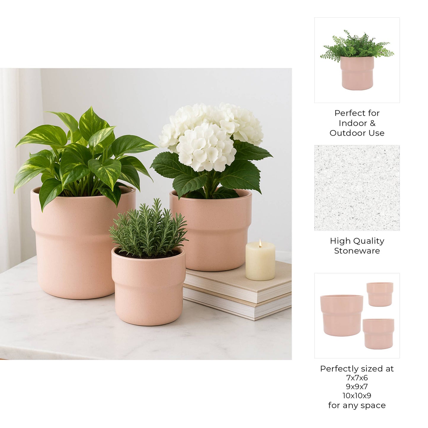 Planters Set of 3 - Pink Ceramic Round Mushroom, 7/9/10 in.