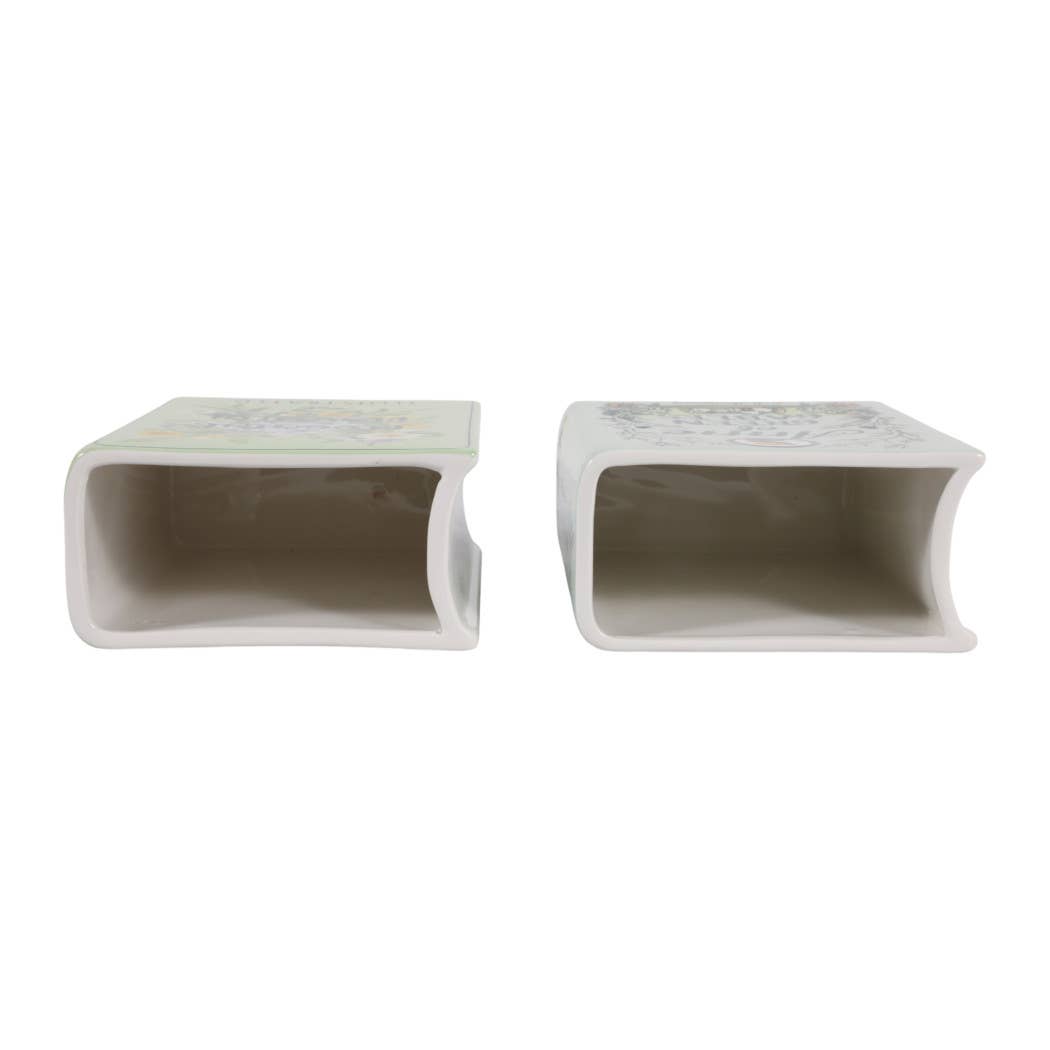 Decorative Vase Set of 2 - Green Ceramic Floral Book, 8 in.