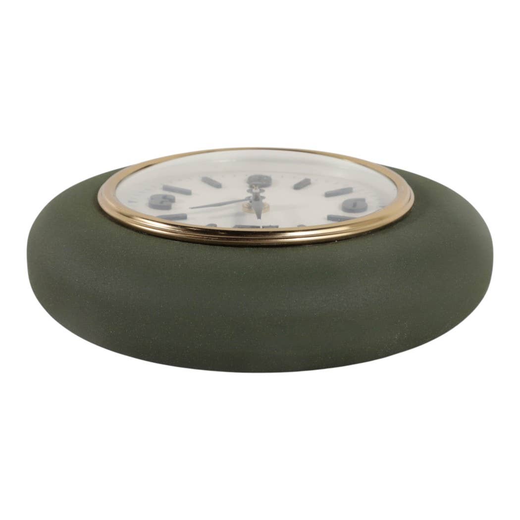 Table Clock - Green Metal and Glass Round Design, 7 in.