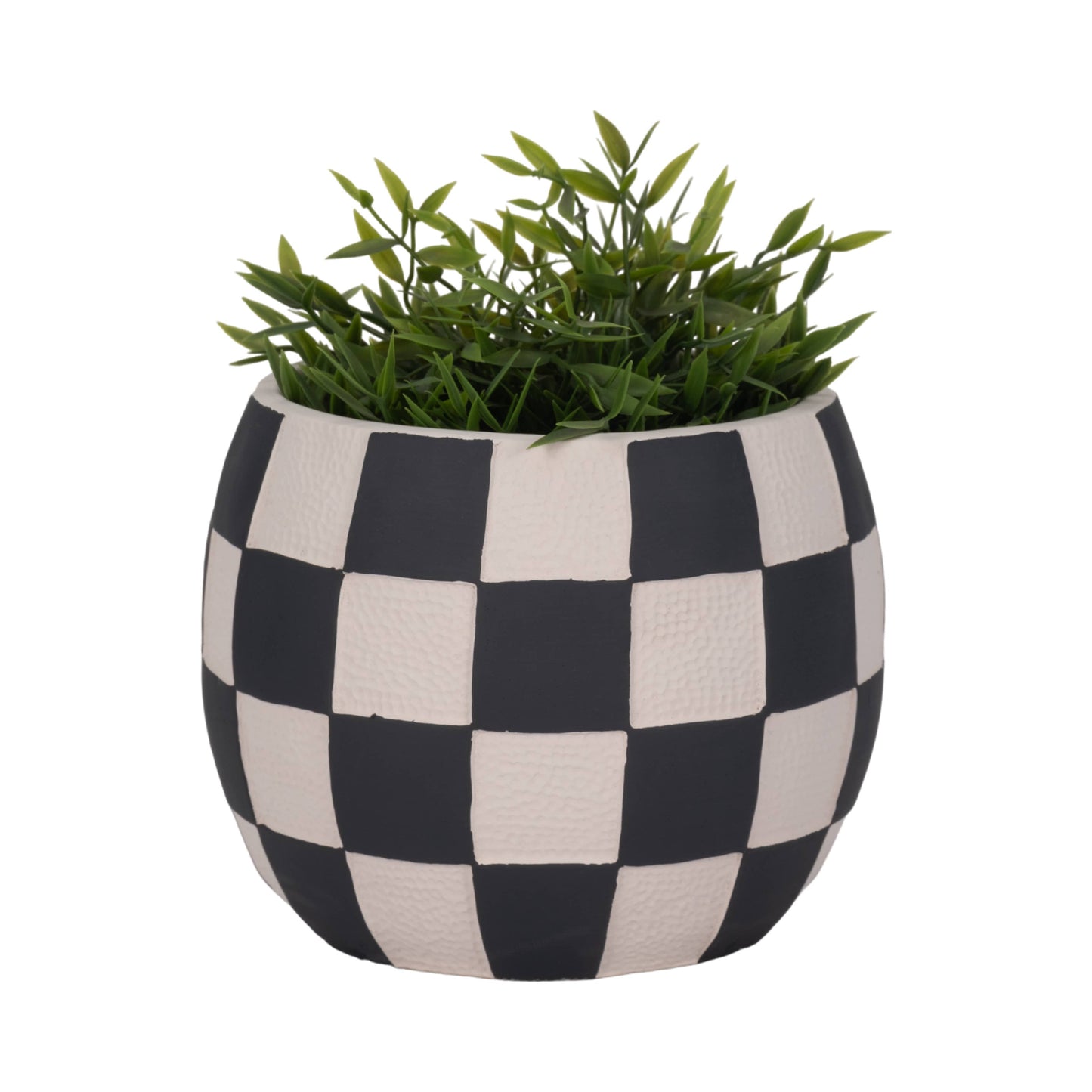 Planter - Black/White Pottery Checkerboard Rounded, 8 in.