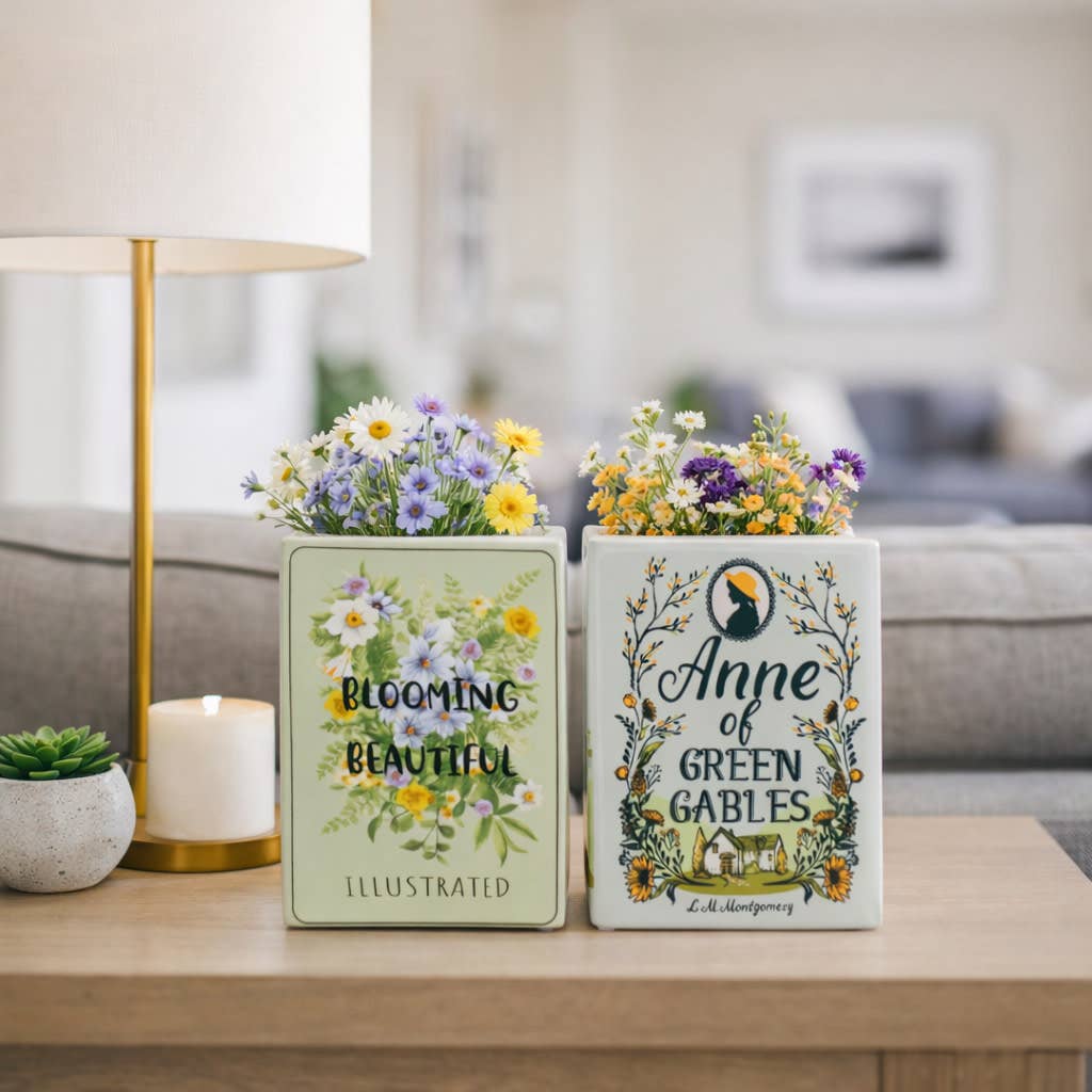 Decorative Vase Set of 2 - Green Ceramic Floral Book, 8 in.
