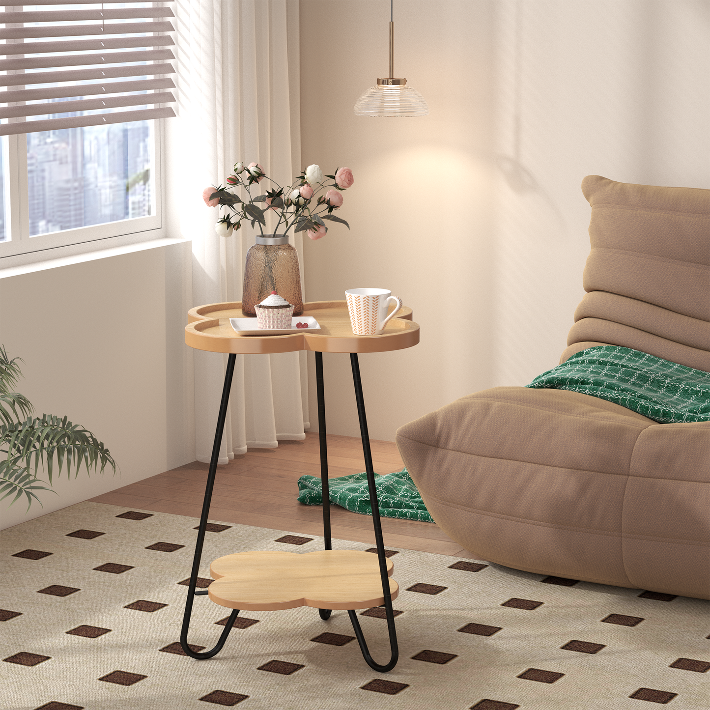 Petal-Shaped Accent Side Table with Acacia Wood Top