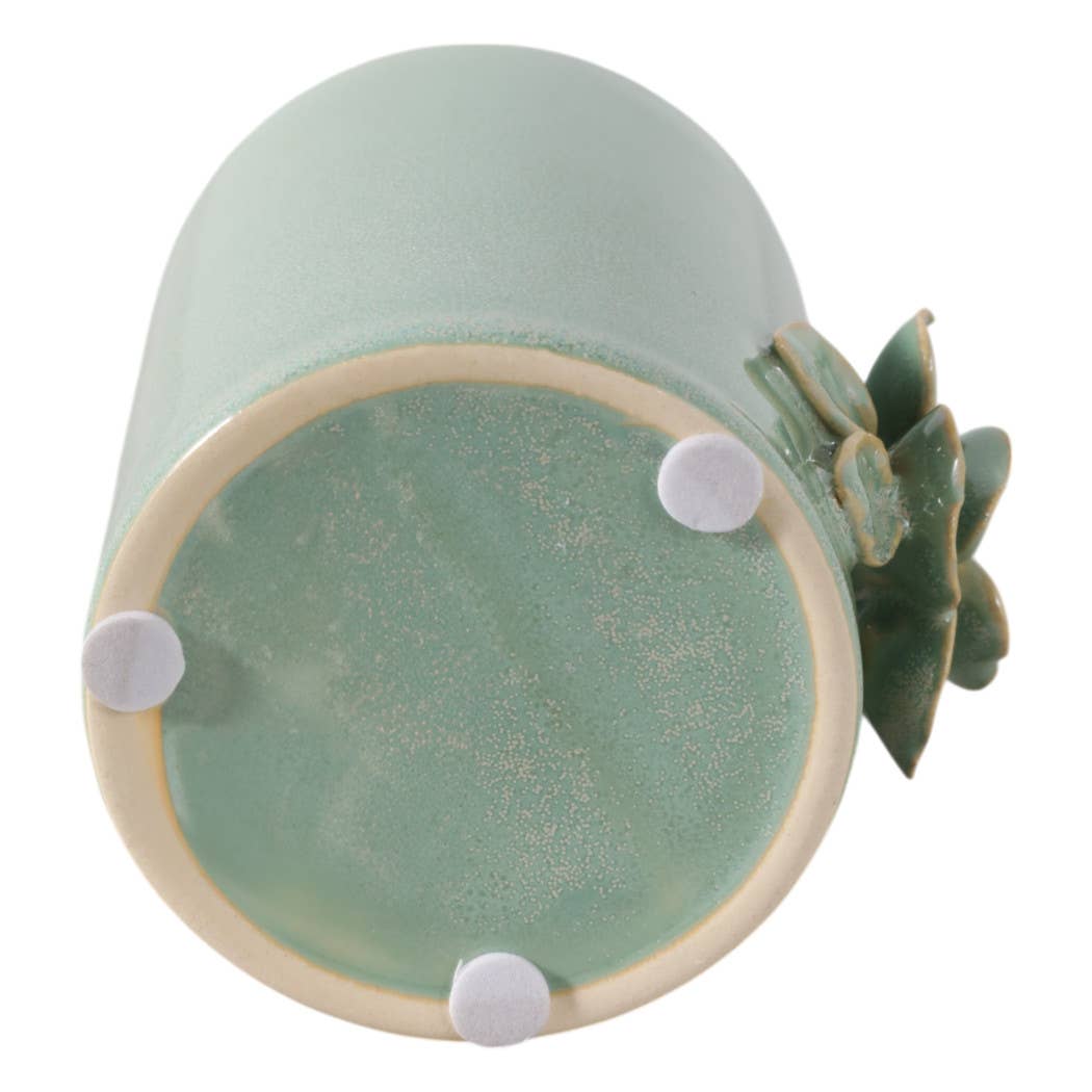 Pencil Cup - Green Ceramic Rose Decorative Applique, 4 in.
