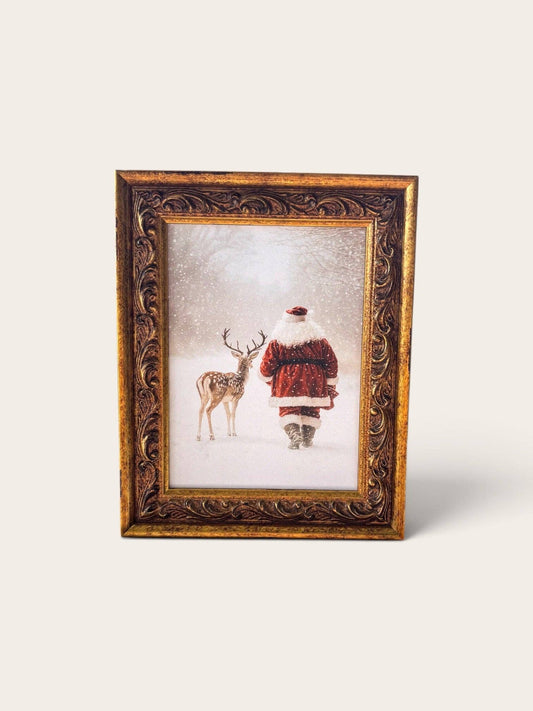 Santa and Reindeer: Antique Gold Frame Wall Art