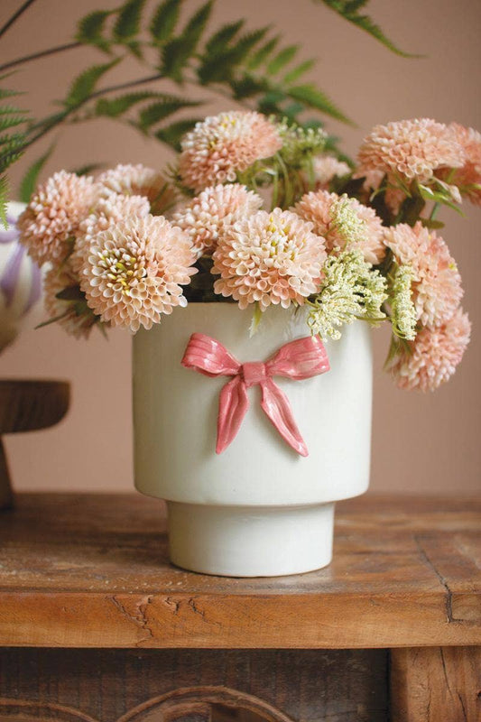 CERAMIC FLOWER POT WITH PINK BOW
