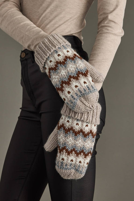 Taupe, Brown & White Winter Pattern Mittens