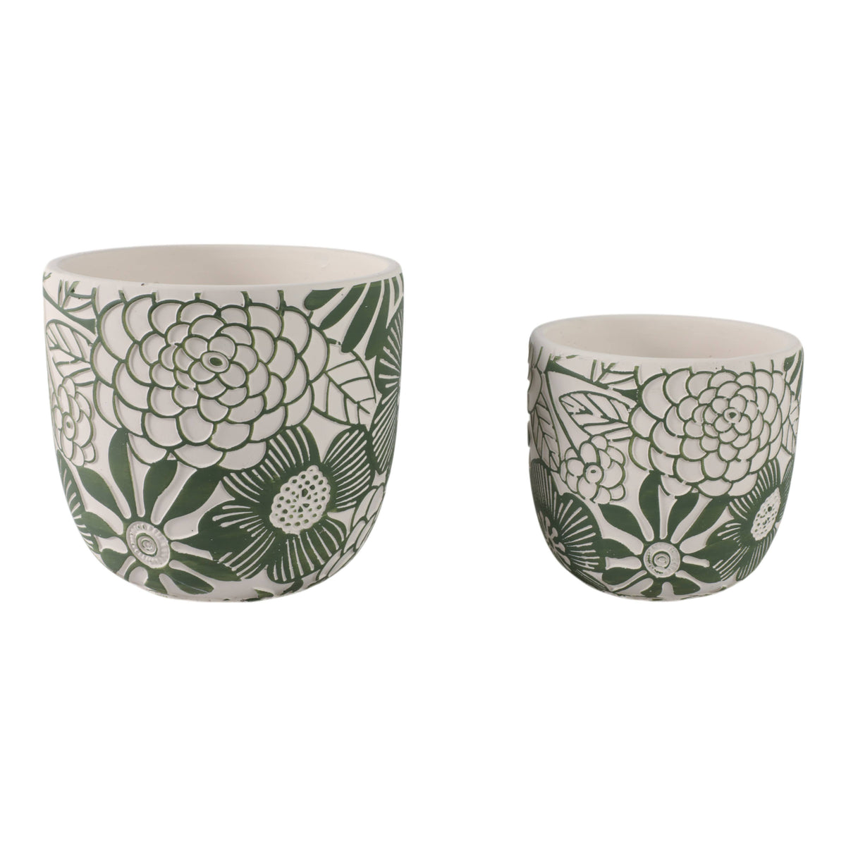 Planter Set of 2 - White/Green Ceramic Floral Power, 6/8 in.