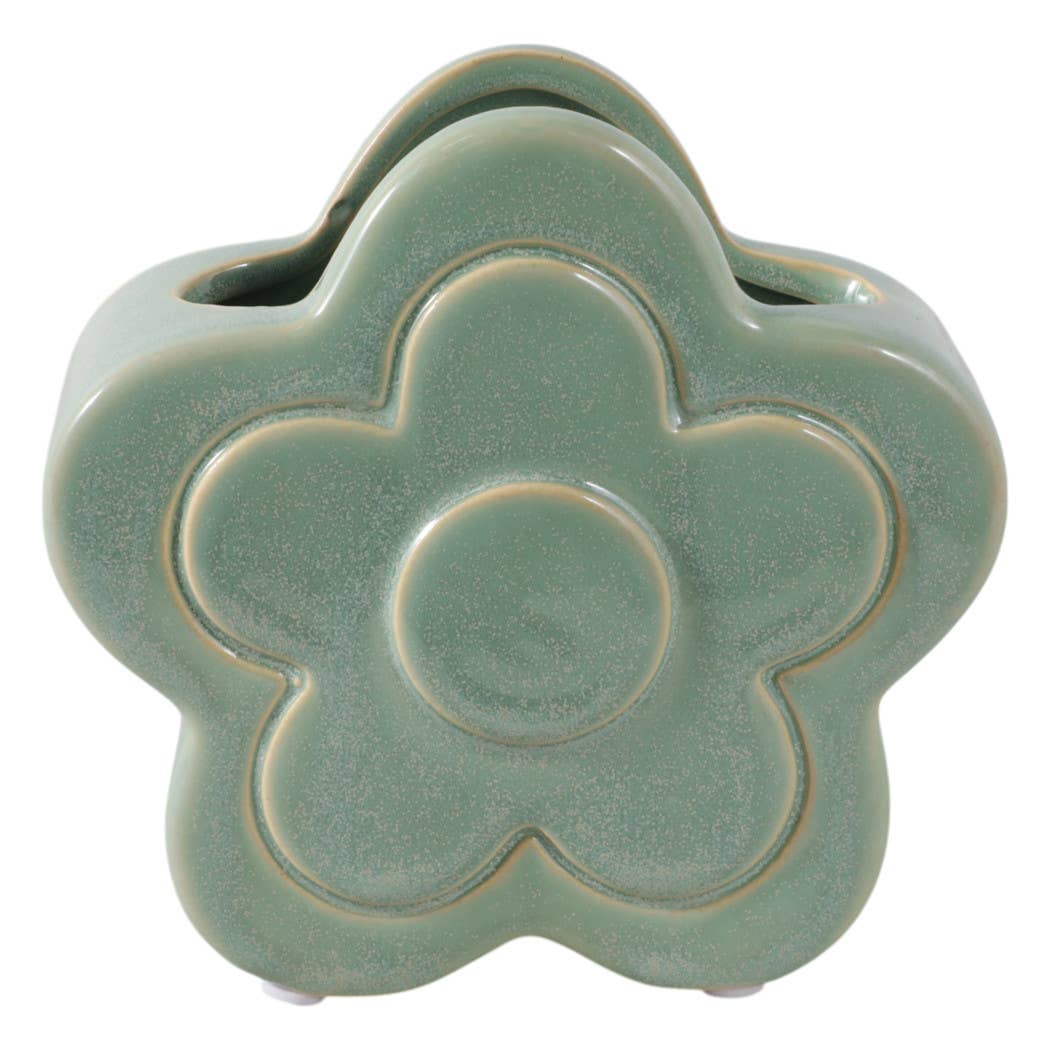 Pencil Cup - Green Ceramic Sculpted Flower Power, 6 in.