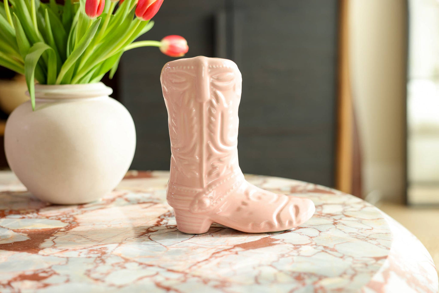 8.5 H Pink Ceramic Cow Girl Boot Vase