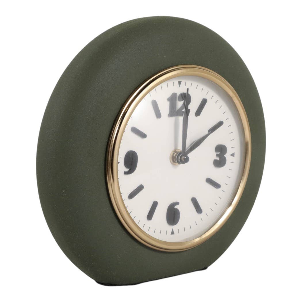 Table Clock - Green Metal and Glass Round Design, 7 in.