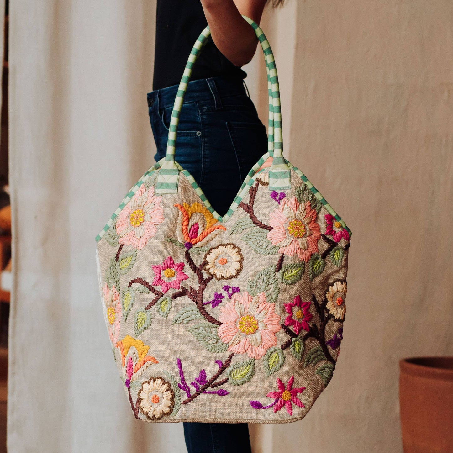 Green, Navy & Multicolored Floral Tote