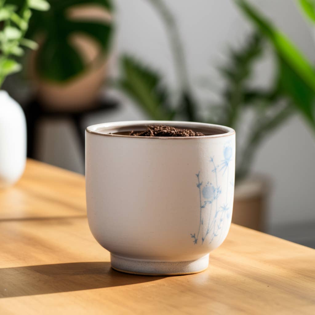 Decorative Planter - Beige Ceramic Blue Flower Design, 5 in.