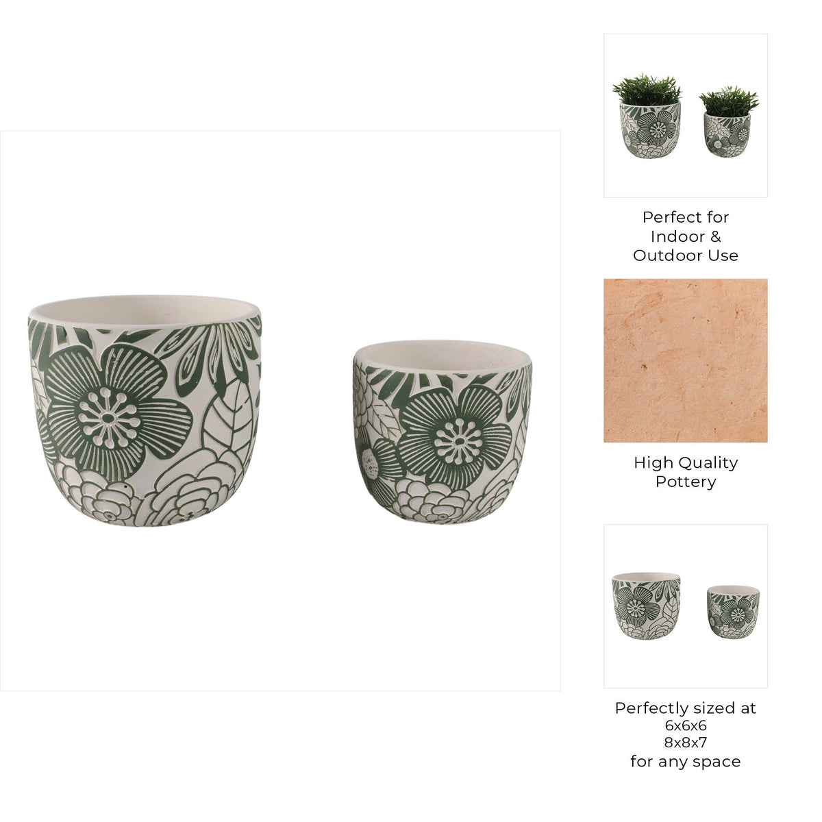 Planter Set of 2 - White/Green Ceramic Floral Power, 6/8 in.