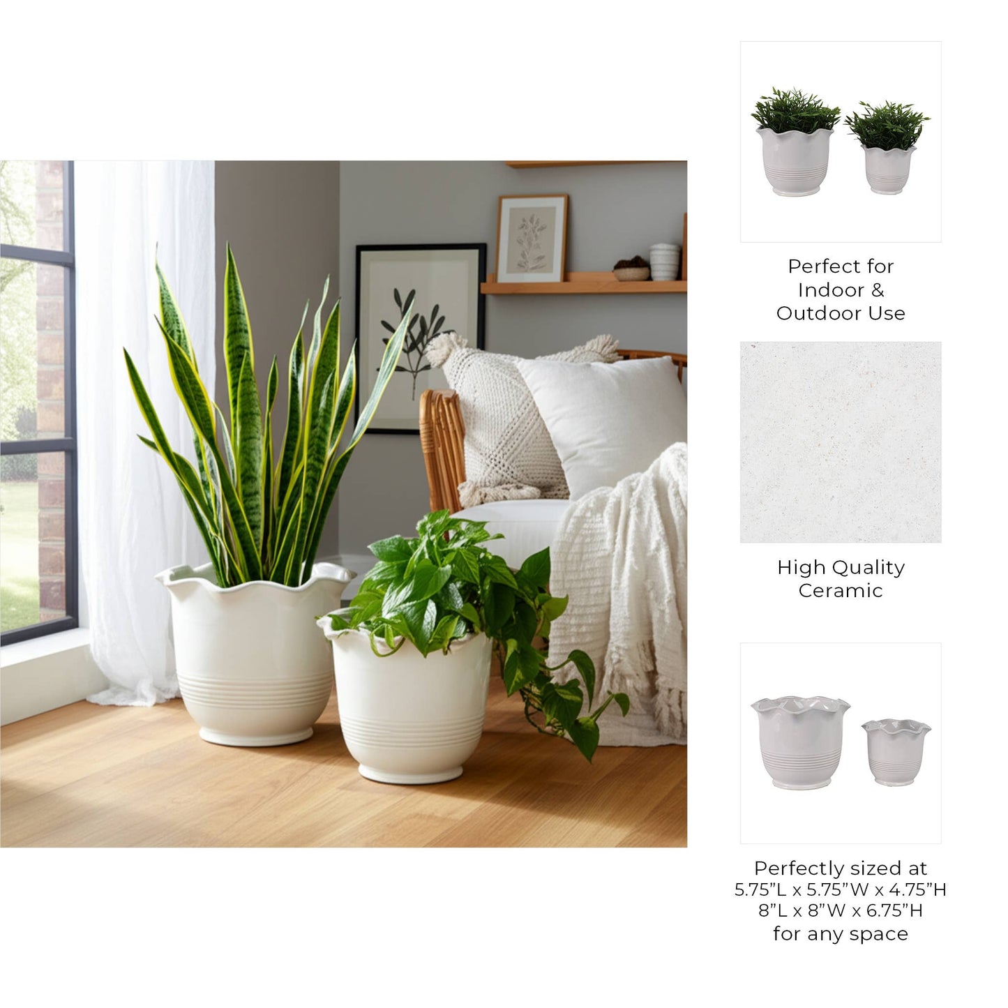 Ceramic Scalloped Rim Planters Set of 2 - Ivory, 6/8 in.