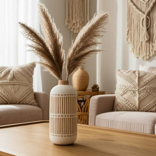 Decorative Vase - Ivory Ceramic Aztec Grooved Line, 12 in.