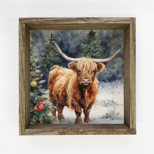 Highland Cow Christmas Tree - Framed Holiday Animal Canvas