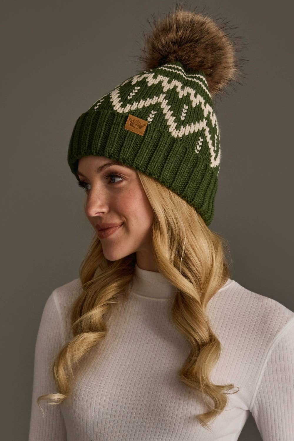 Olive & Beige Patterned Pom Hat