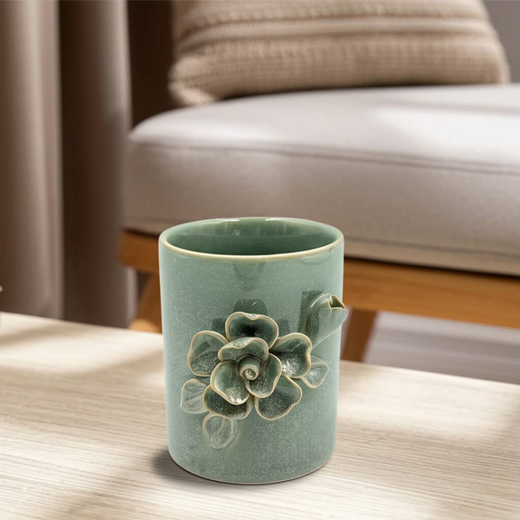 Pencil Cup - Green Ceramic Rose Decorative Applique, 4 in.