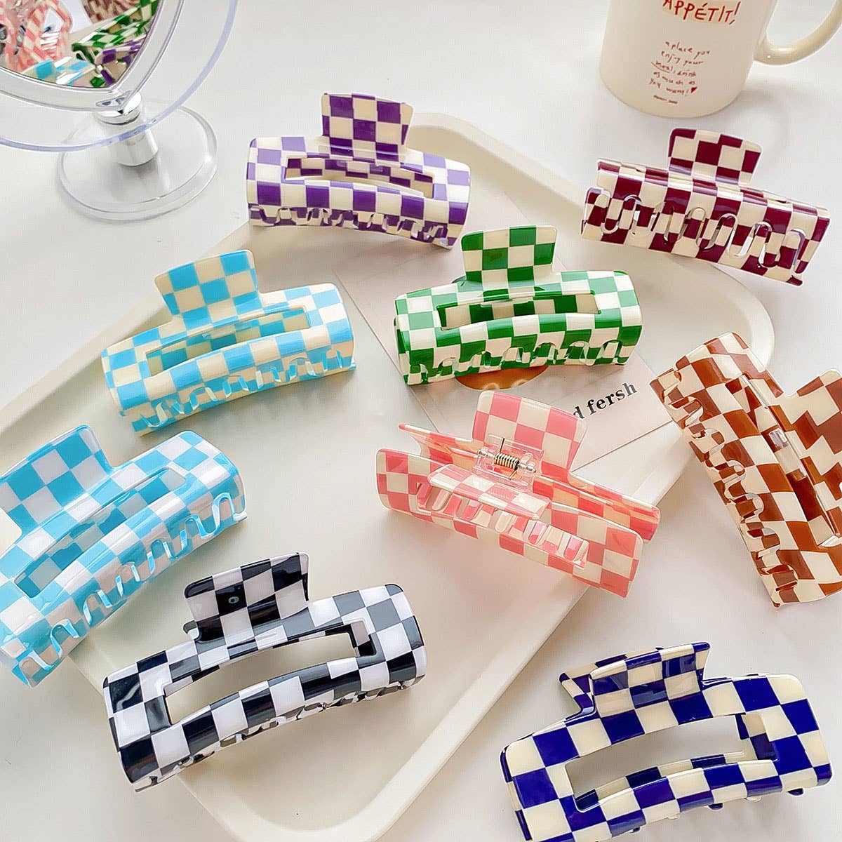 4.13"IN SQUARE CHECKERED HAIR CLAW CLIPS_CWAHA0395