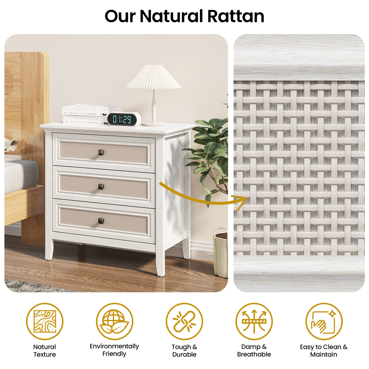3 Drawer Dresser, Cane Nightstand with Rattan Drawers