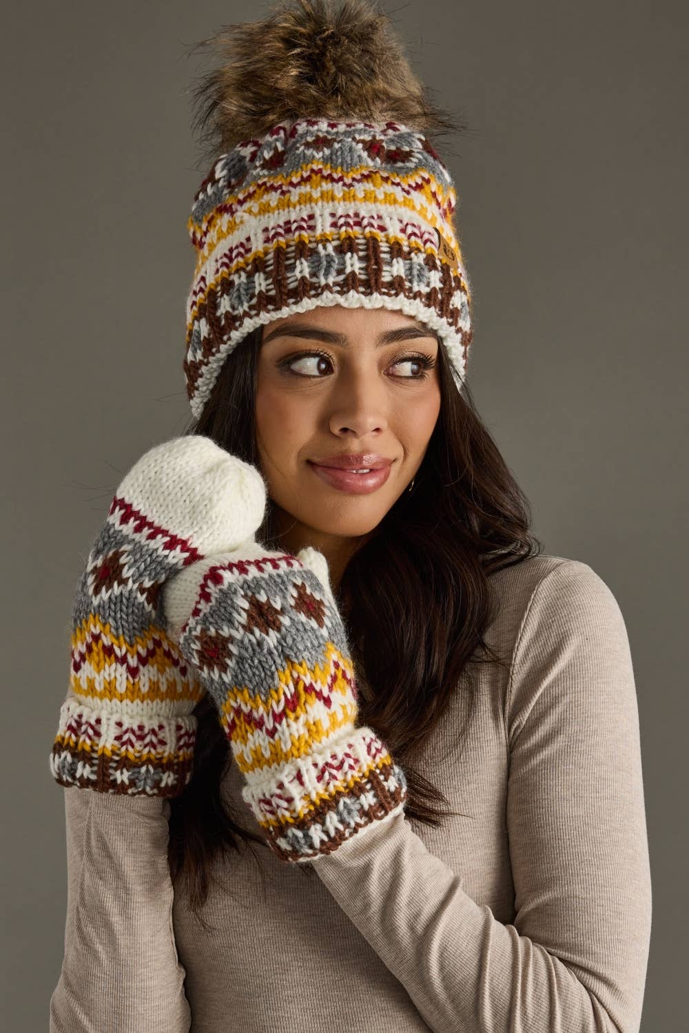 Ivory, Red & Gold Patterned Pom Hat