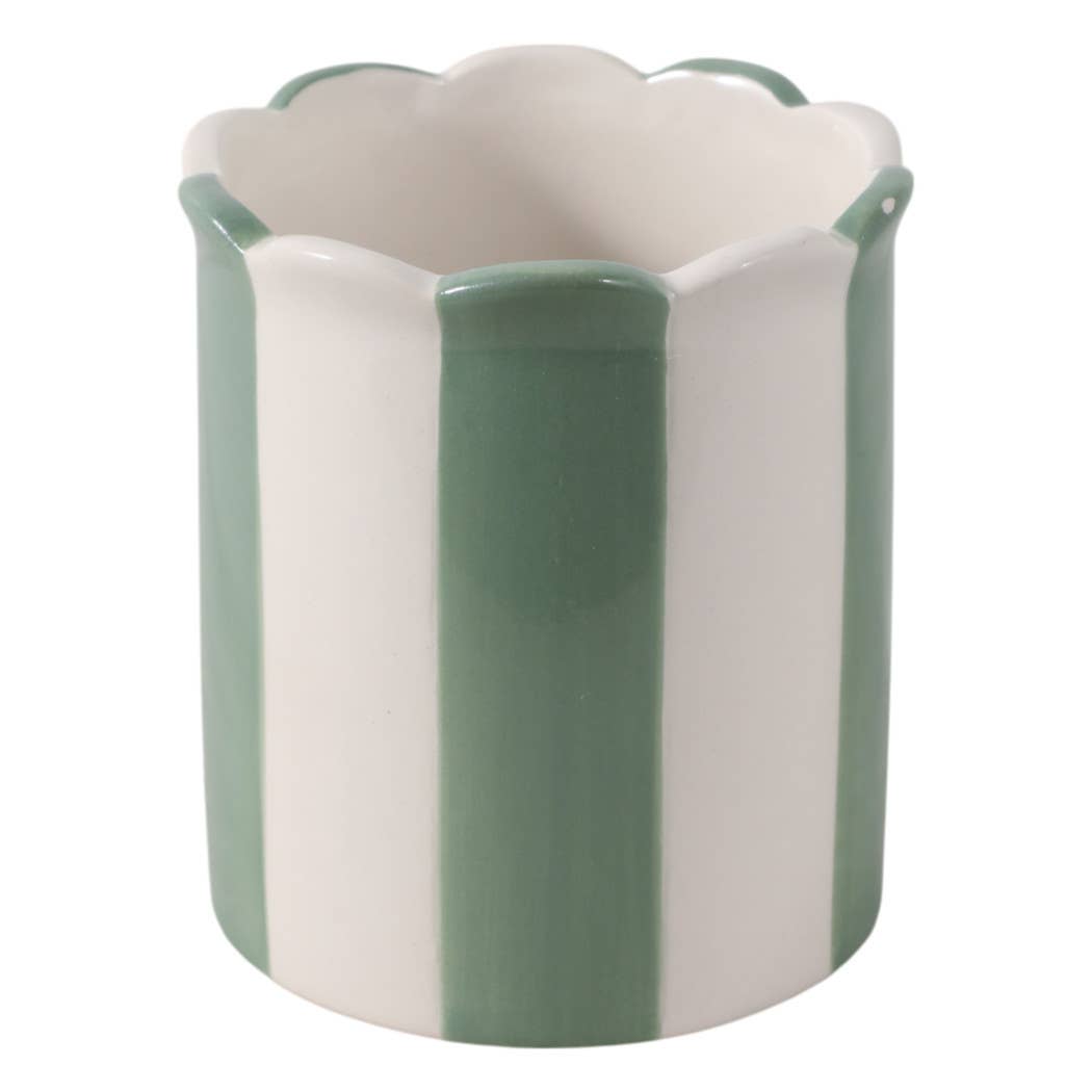 Pencil Cup - Green/Ivory Ceramic Decorative Striped, 4 in.