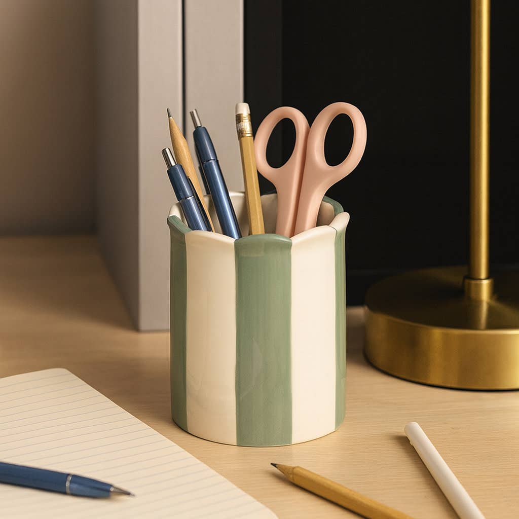 Pencil Cup - Green/Ivory Ceramic Decorative Striped, 4 in.