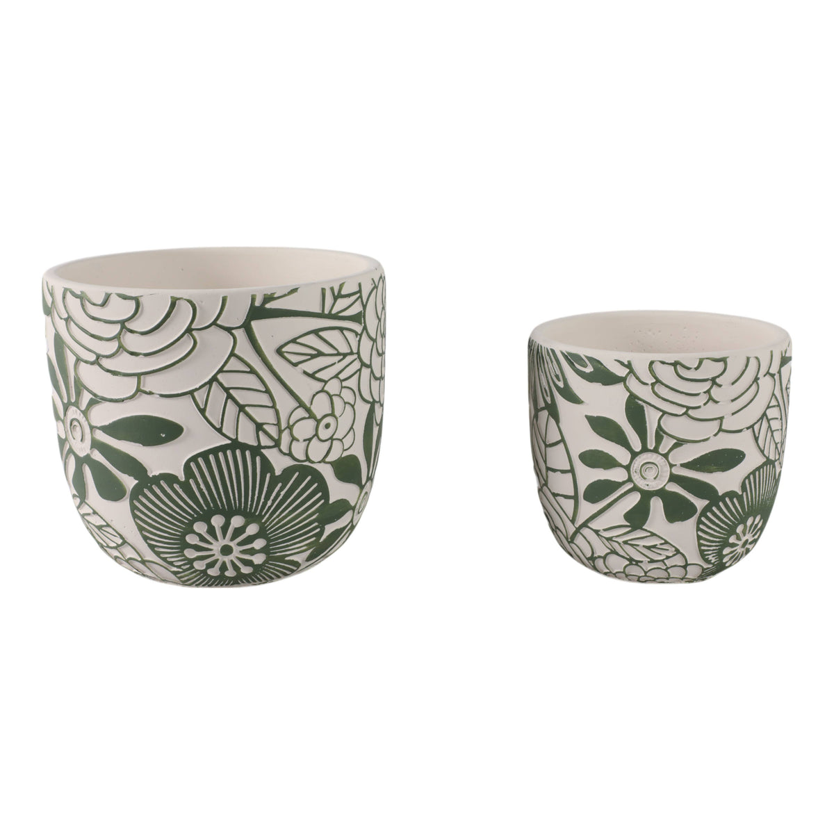 Planter Set of 2 - White/Green Ceramic Floral Power, 6/8 in.