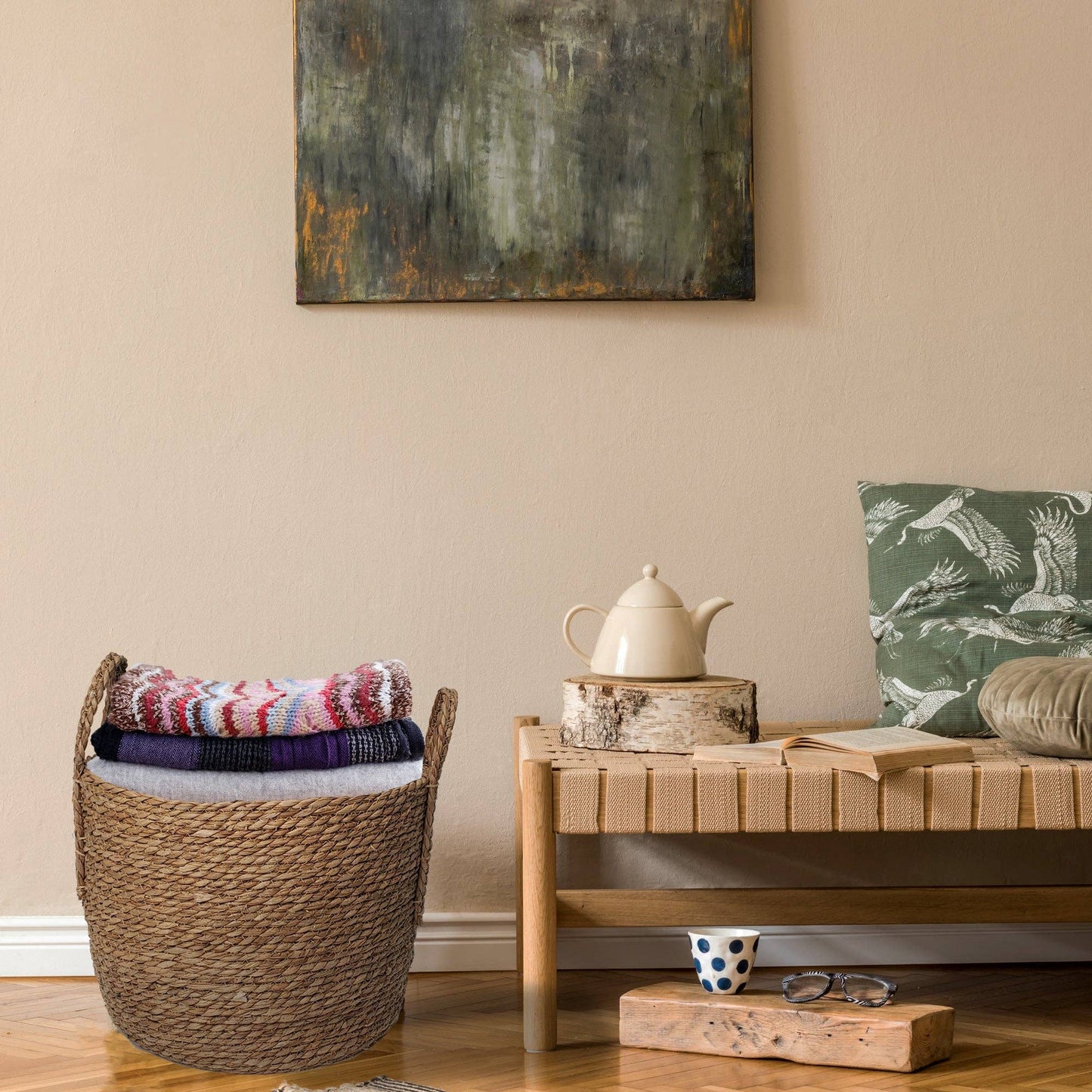 Woven Rattan Floor Round Basket - 14" Diameter x 12"H